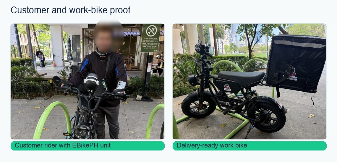 Face-blurred first paid rider proof with an Ebike PH work bike